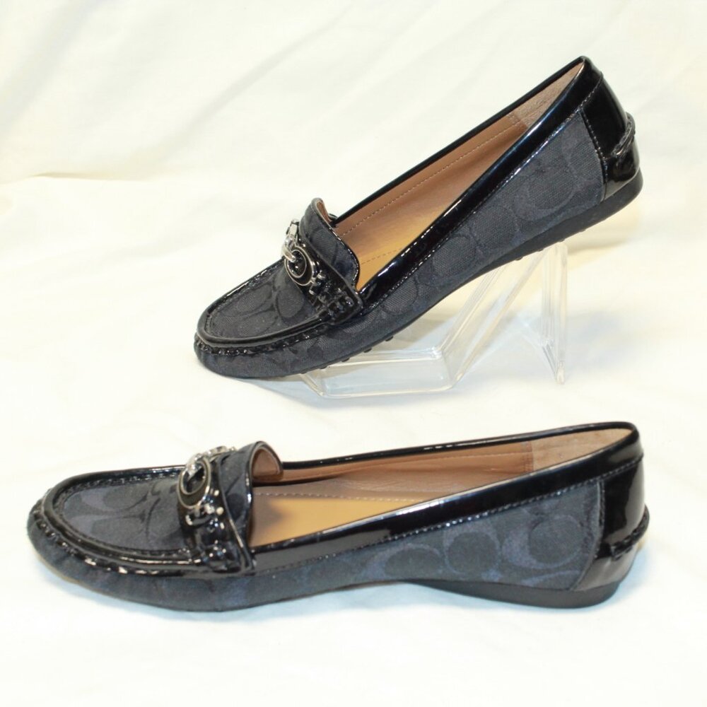 Coach Size 9 B Black Logo W Patent Leather Trim FORTUNATA Slip On Moc Toe Flats - Picture 3 of 11